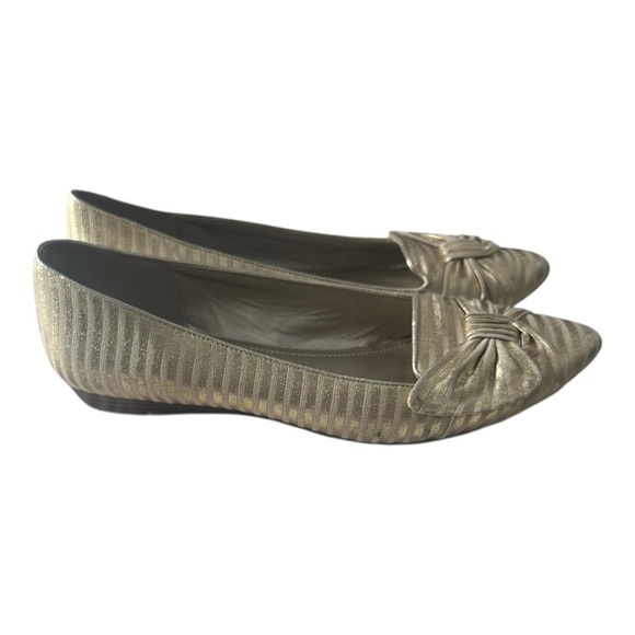 Anne Klein Iflex Metallic Gold and Cream Striped Bow Dress Flats - Picture 3 of 7